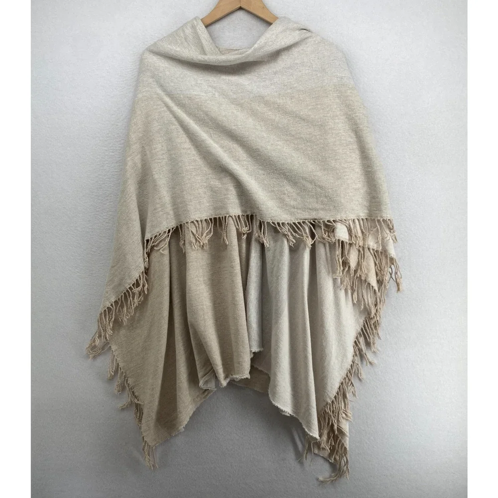 EILEEN FISHER Poncho OS Wool Blend Two Tone Wrap Cardigan Fringed Gray Beige